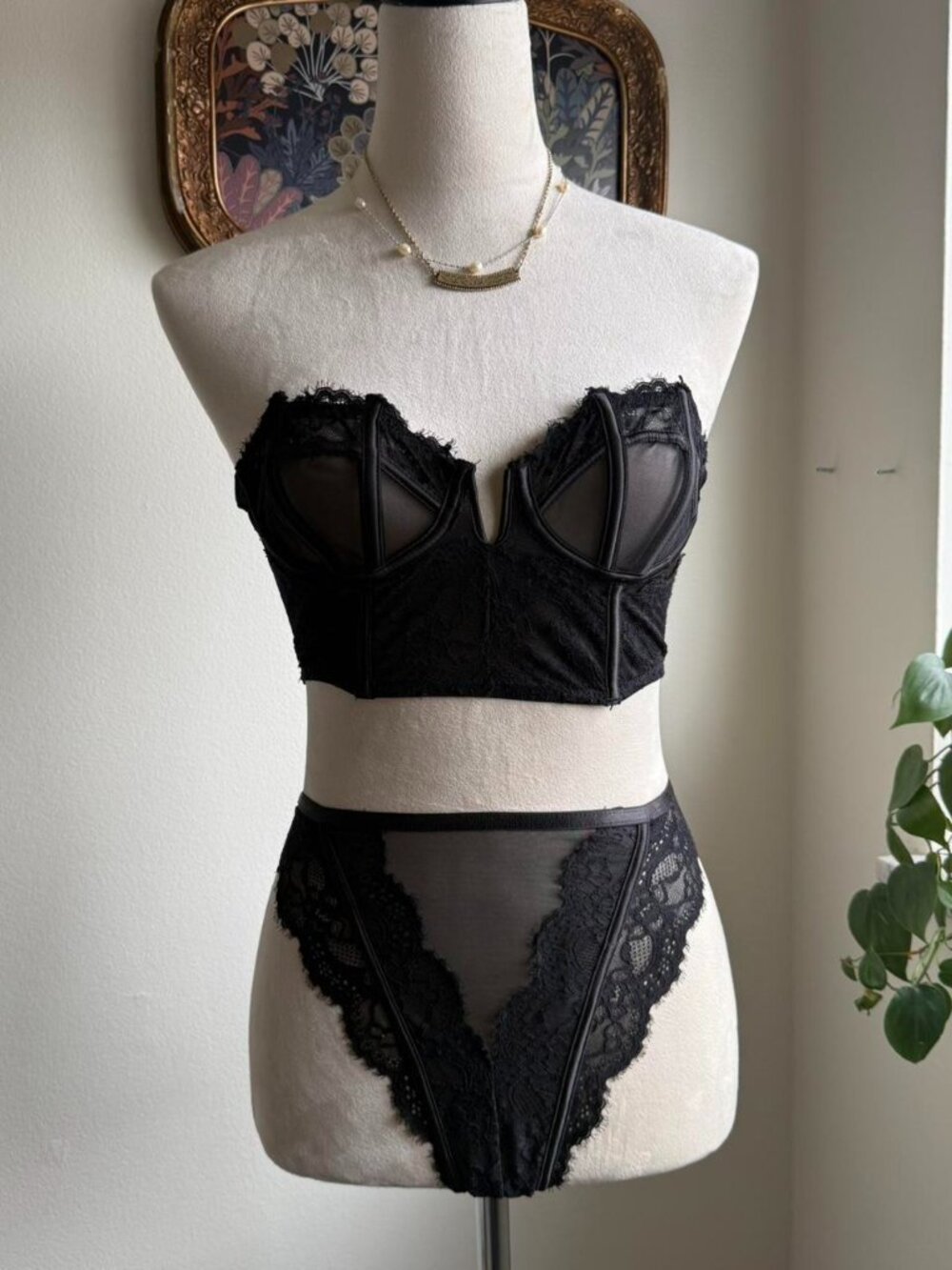 Black lace adjustable corset top and matching bottom lingerie set
